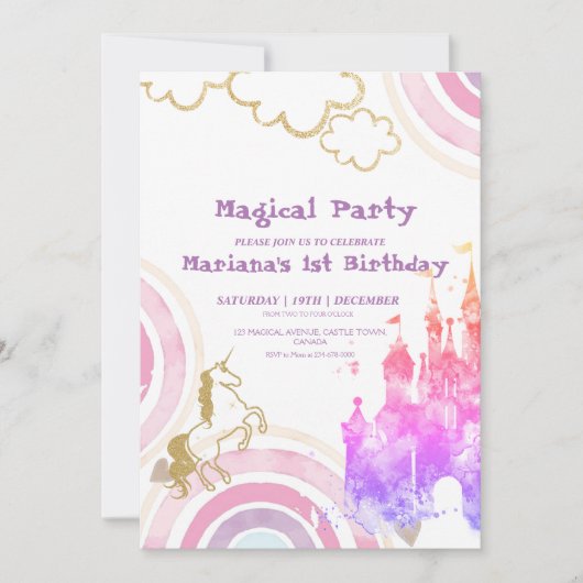 Pink Fairytale Rainbow and Unicorone Birthday Part Einladung (Vorderseite)