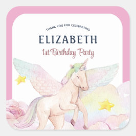 Pink Fairytale Unicorn Girl Birthday Party Quadratischer Aufkleber