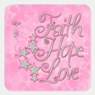 Pink Faith Hope Liebe Butterflies Stars Tugenden Quadratischer Aufkleber