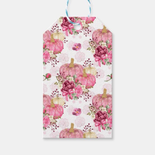 PINK FALL AUTUMN PUMPKINS & WATERCOLOR BLUME GESCHENKANHÄNGER (Vorderseite)