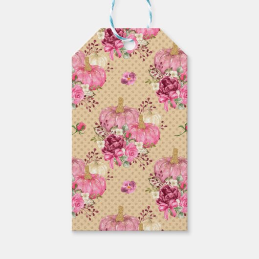 PINK FALL AUTUMN PUMPKINS & WATERCOLOR BLUME GESCHENKANHÄNGER (Vorderseite)