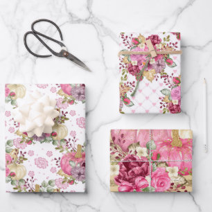 PINK FALL AUTUMN PUMPKINS & WATERCOLOR BLUME GESCHENKPAPIER SET