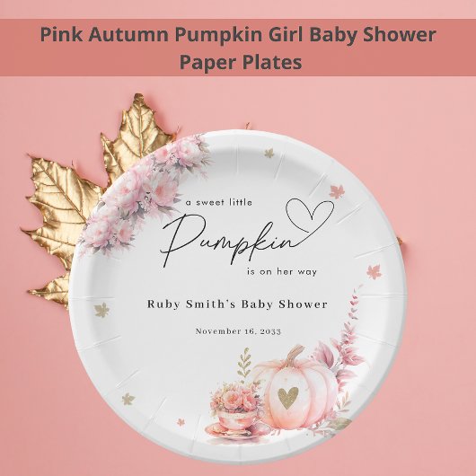 Pink Fall Pumpkin Blume Leafs Girl Baby Dusche Pappteller