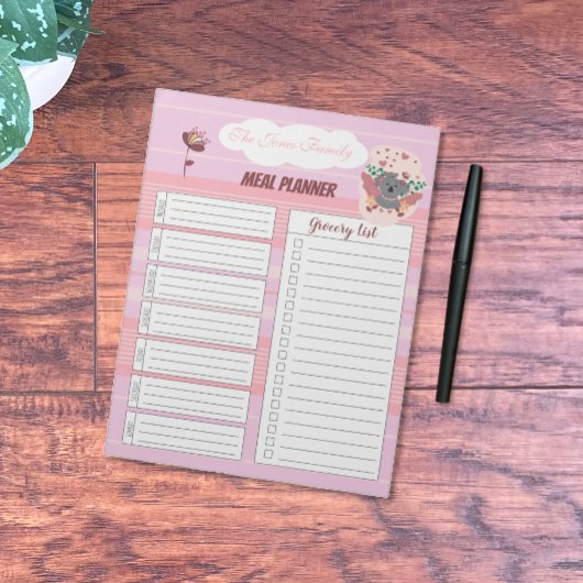 Pink Familienmahlplaner Notepad mit Koala Notizblock
