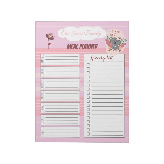 Pink Familienmahlplaner Notepad mit Koala Notizblock (Rotiert)