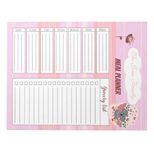 Pink Familienmahlplaner Notepad mit Koala Notizblock (Vorderseite)