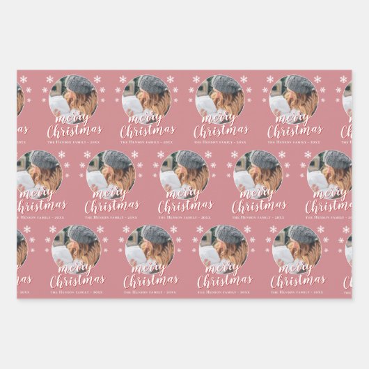 Pink Family Foto Snowflake Frohe Weihnachten Geschenkpapier Set (Vorderseite 2)