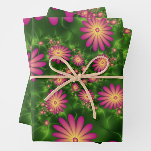 Pink Fantasy Flowers Modern Abstract Fractal Art Geschenkpapier Set (Beispiel)