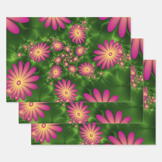 Pink Fantasy Flowers Modern Abstract Fractal Art Geschenkpapier Set (Set)