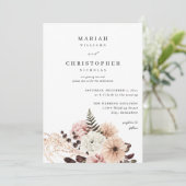 Pink-farbene Hochzeit mit Blumen und Beige Einladung (Stehend Vorderseite)