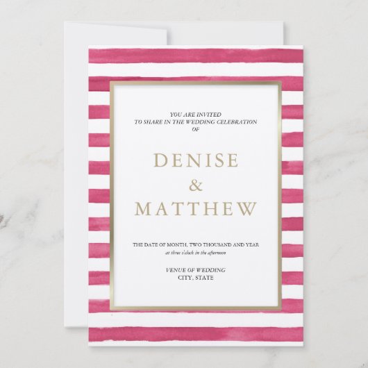 Pink-farbene Streifen und goldene Buchstaben Einladung (Vorderseite)