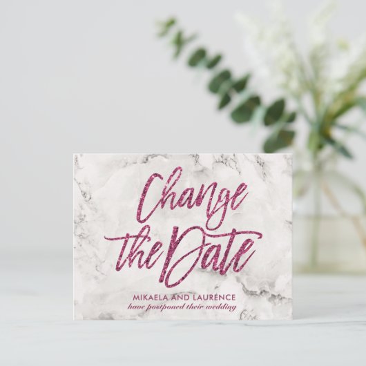 Pink-farbenes Glitzer-Skript ändern das Datum Ankündigungspostkarte (Stehend Vorderseite)