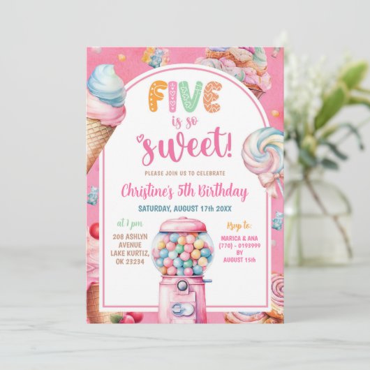 Pink farbenfrohe Pastel Candies Kid's 5. Geburtsta Einladung (Stehend Vorderseite)