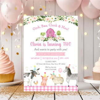 Pink Farm Animal Floral 2. Geburtstag Einladung