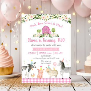 Pink Farm Animal Floral 2nd Birthday Einladung