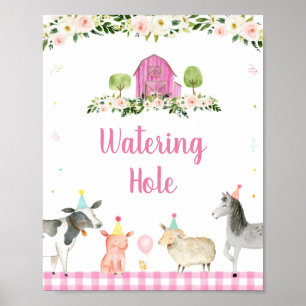 Pink Farm Animal Watering Hole Birthday Sign Poster