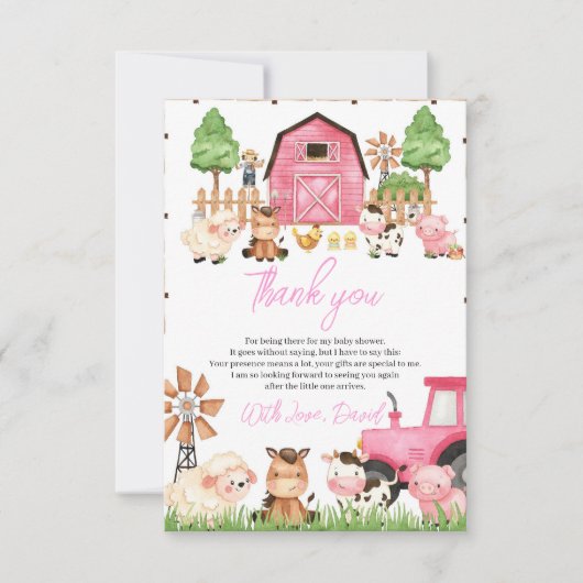 Pink Farm Animals Baby Dusche Dankeskarte (Vorderseite)