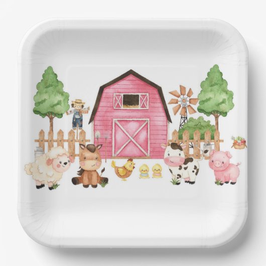 Pink Farm Animals Baby Dusche Pappteller (Vorderseite)