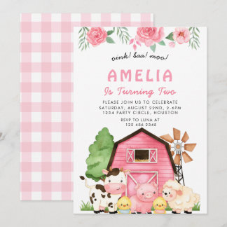 Pink Farm Animes 2. Geburtstags Party Mädchen Einladung