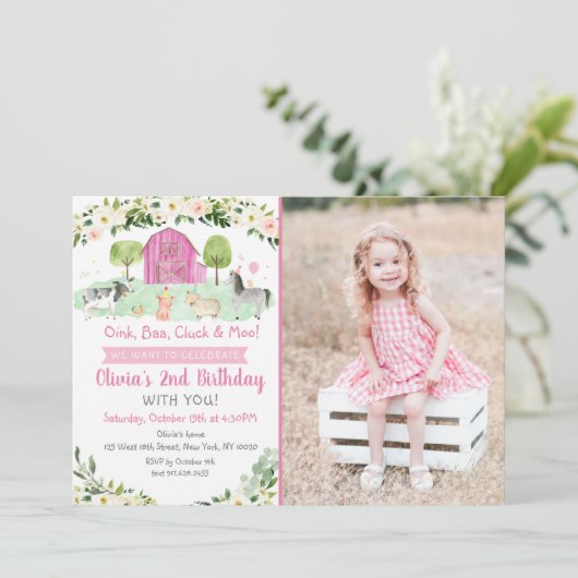 Pink Farm Birthday Einladung (Stehend Vorderseite)