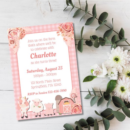 Pink Farm Birthday Einladung Pink Floral Tiere