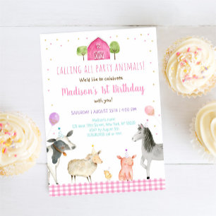 Pink Farm Birthday Party Animal Einladung