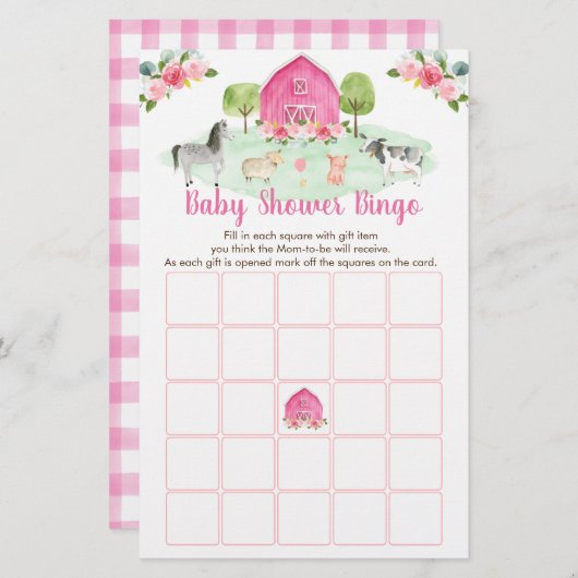 Pink Farm Floral Baby Dusche Bingo Spiel (Vorne/Hinten)