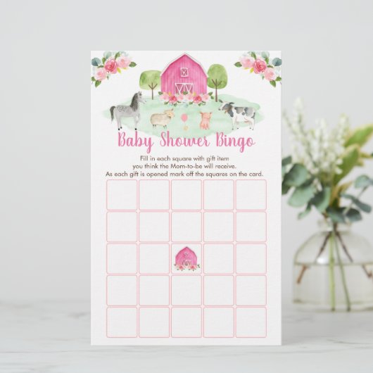 Pink Farm Floral Baby Dusche Bingo Spiel (Stehend Vorderseite)