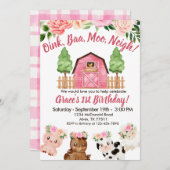 Pink Farm Floral Barnyard 1. Geburtstag Einladung (Vorne/Hinten)