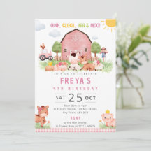 Pink Farm Geburtstagsparty-Einladung Barnyard-Tier