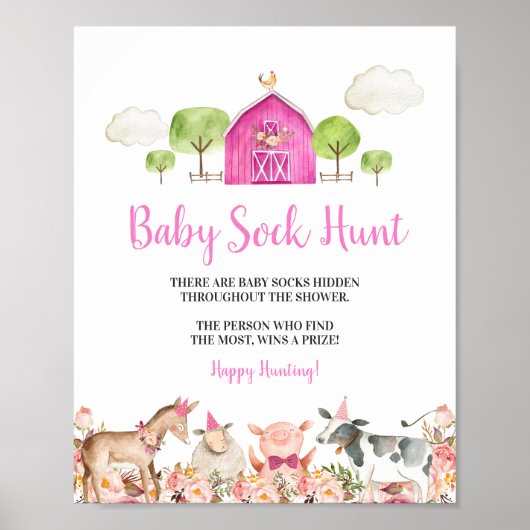 Pink Farm House Animals Barnyard Baby Sock Hunt Poster (Vorne)
