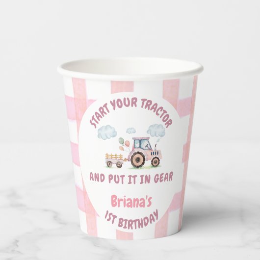 Pink Farm Tractor Girl Any Age Birthday Pappbecher (Rückseite)