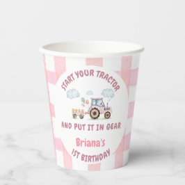 Pink Farm Tractor Girl Any Age Birthday Pappbecher