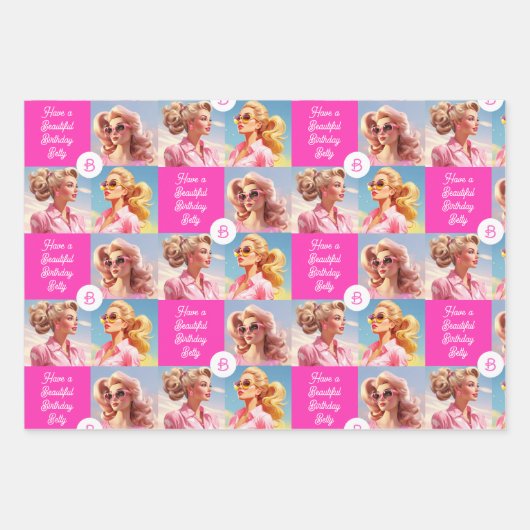 Pink Fashion Personalize Girl's Name Birthday Geschenkpapier Set (Vorderseite 3)