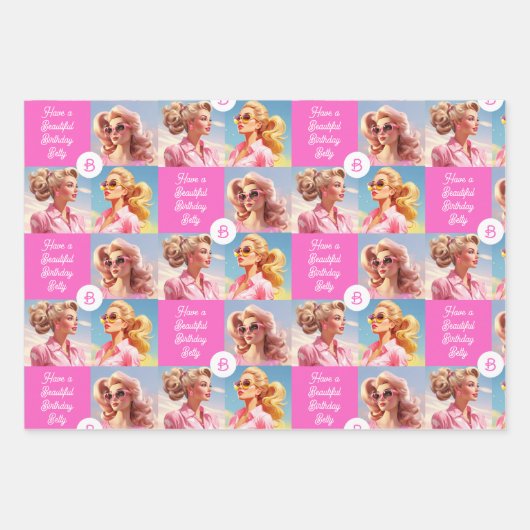 Pink Fashion Personalize Girl's Name Birthday Geschenkpapier Set (Vorderseite)