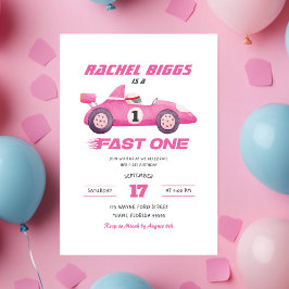 Pink Fast One Retro Racing Car Girl Erstgeburt Einladung
