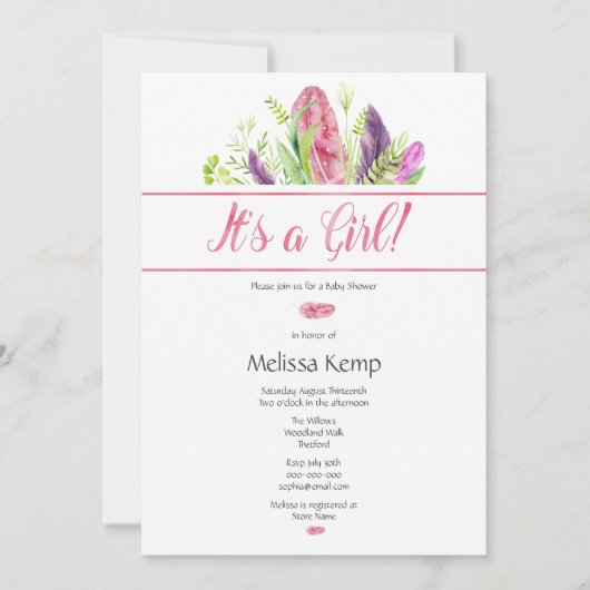 Pink Feather Boho Kinderdusche Einladung (Vorderseite)