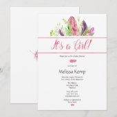 Pink Feather Boho Kinderdusche Einladung (Vorne/Hinten)