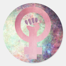 Pink Feminist Symbol auf mehrfarbiger Grunge Textu Runder Aufkleber