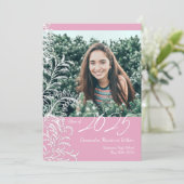 Pink Fern Vintage Photo Graduation Einladung (Stehend Vorderseite)