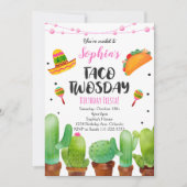 Pink Fiesta Taco Twosday Watercolor Cactus Invite Einladung (Vorderseite)