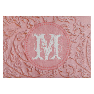 Pink Filigree Holz Monogram Glas Cutting Board Schneidebrett
