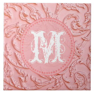 Pink Filigree HolzCarving Monogram Display Tile Fliese