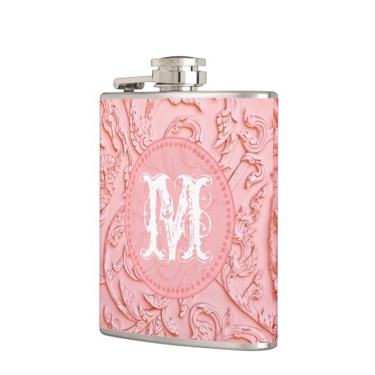 Pink Filigree Holzkarving Monogram Whiskey Flask Flachmann (Links)