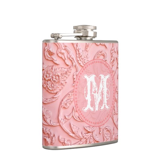 Pink Filigree Holzkarving Monogram Whiskey Flask Flachmann (Rechts)