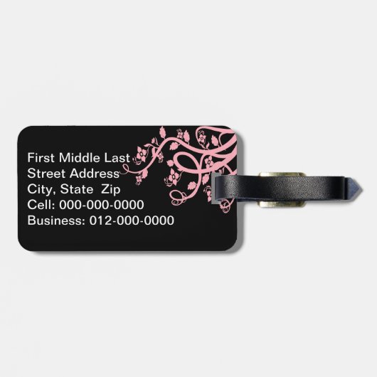 Pink Filigree und Blume über schwarze Vorlage Gepäckanhänger (Rückseite horizontal)