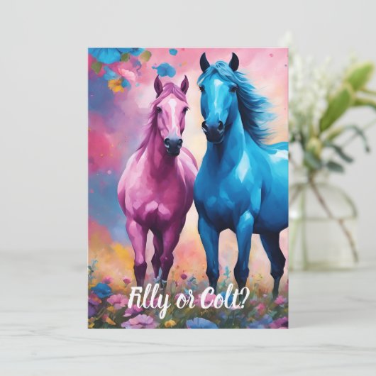 Pink Filly & Blue Colt Western Style Gender Reveal Einladung (Stehend Vorderseite)