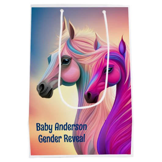 Pink Filly & Blue Colt Western Style Gender Reveal Mittlere Geschenktüte (Rückseite)