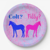 Pink Filly & Blue Colt Western Style Gender Reveal Pappteller (Vorderseite)