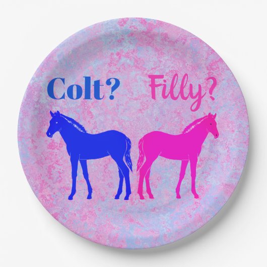 Pink Filly & Blue Colt Western Style Gender Reveal Pappteller (Vorderseite)